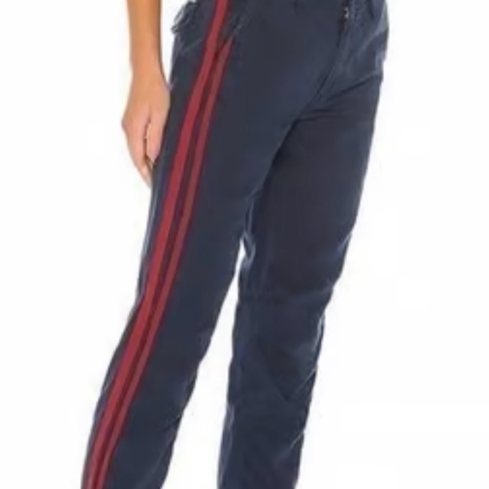 MOTHER no zip misfit Navy Trousers with Red Twin Side Stripes